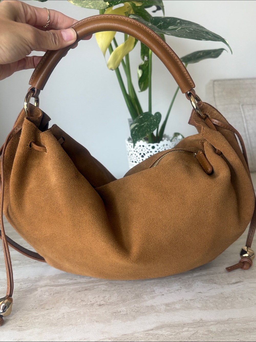 The Camren Gathered Shoulder Bag in aged cognac suede - Picture 13 of 16